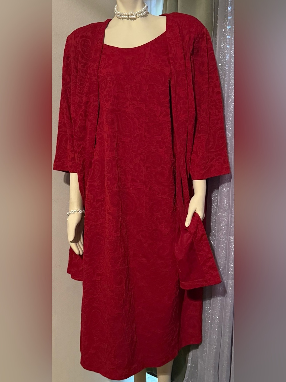Maggie Barnes Deep Red Paisley Long Sleeve Dress with Jacket